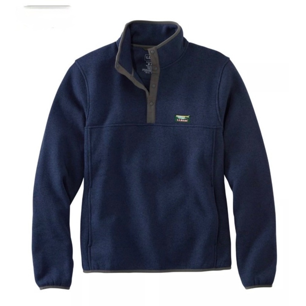 LL Bean Sweater Fleece Pullover Mens Large Tall Navy Blue Snap Neck